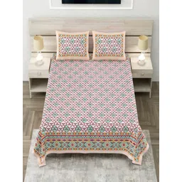 Aapno Rajasthan White & Green Geometric 144 TC King Bedsheet with 2 Pillow Covers-picture-20
