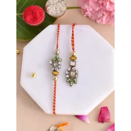 Aapno Rajasthan White Kundan Floral Green & Yellow Bhaiya Bhabhi Rakhi-picture-19