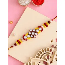 Aapno Rajasthan Yellow & Red Stones Beads Studded Floral Shape Rakhi-picture-10