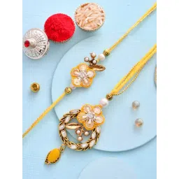 Aapno Rajasthan Yellow Kundan & Beads Embellished Bhaiya Bhabhi Rakhi Set-picture-12