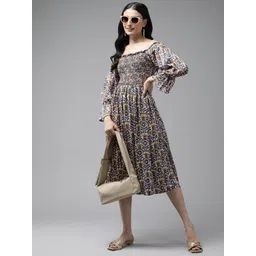 Aarika Floral Print Off-Shoulder Bell Sleeves Georgette Fit & Flare Midi Dress-picture-32