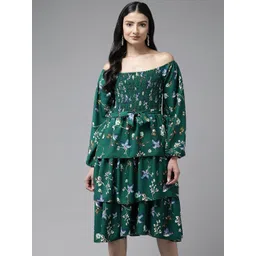 Aarika Floral Printed Off-Shoulder Georgette A-Line Dress With Belt-picture-19