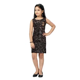 Aarika Girls Black & Peach-Coloured Embellished Belted Net Sheath Dress-picture-22