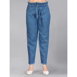 Aarika Girls Blue Solid Frayed Cotton Denim Trousers-picture-23