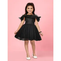 Aarika Girls Embellished Cold Shoulder Sleeves Gathered Detailed Net Fit & Flare Dress-picture-42