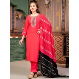 Aarika Girls Floral Embroidered Regular Pure Silk Kurta with Palazzos & With Dupatta-picture-36