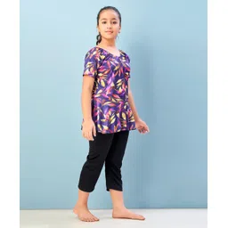 Aarika Half Sleeves Tropical Theme Printed Frock Style Swimsuit - Purple & Black image 4