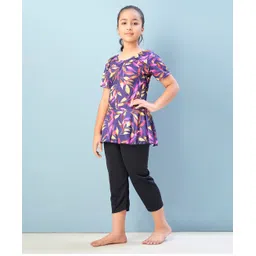 Aarika Half Sleeves Tropical Theme Printed Frock Style Swimsuit - Purple & Black image 5