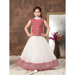 Aarika Kids Red & White Embroidered Lehenga, Choli, Dupatta with Unstiched Sleeves-picture-30