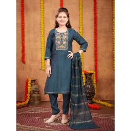 Aarika Kids Teal Embroidered Kurta, Pants with Dupatta-picture-14