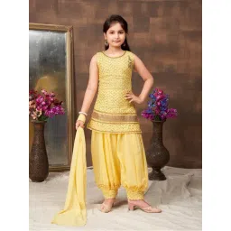 Aarika Kids Yellow Embellished Kurta, Salwar, Dupatta with Unstitched Sleeves-picture-15