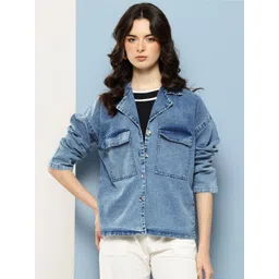 Aarika Washed Effect Lapel Collar Drop-Shoulder Sleeves Denim Jacket-picture-40
