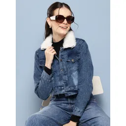 Aarika Washed Faux Fur Collar Detail Cropped Denim Jacket-picture-41
