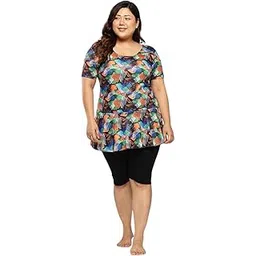 aarika Womens Sports Wear Orange-Black Colour Abstract Print Nylon Plus Size Swim Suit-picture-12