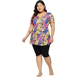 aarika Womens Sports Wear Yellow-Black Colour Floral Print Nylon Plus Size Swim Suit-picture-18