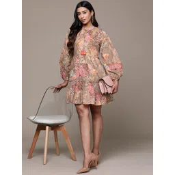 aarke Ritu Kumar Floral Print Tie-Up Neck Puff Sleeve A-Line Cotton Mini Dress-picture-22