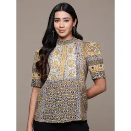 aarke Ritu Kumar Print Puff Sleeves High Neck Ethnic Top-picture-22