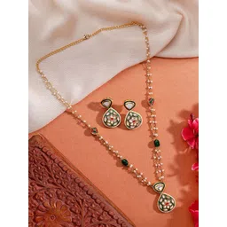 AARSEE OFFICIAL Anti-Tarnish22KT Gold-Plated Green Jadau Kundan Pearl Chain Necklace Set-picture-11