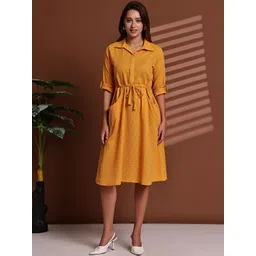 Aarsha Checked Shirt Collar A-Line Pure Cotton Midi Dress-picture-47