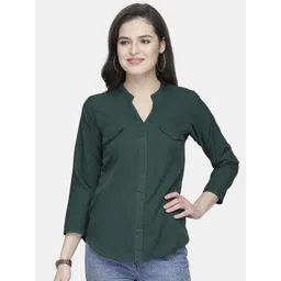 Aarsha Women Green Mandarin Collar Crepe Shirt Style Top-picture-27