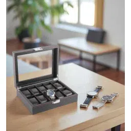 aarvi decor studio (1Pc) Black Faux Leather Organizer Case For 10 Watches with Glass Lid for Men Women-picture-21