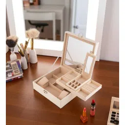 aarvi decor studio (1Pc) White Faux Leather Mirror Lock & Multiple Compartments Jewellery Organizer-picture-36