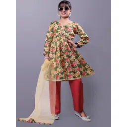 Aarya Designer Girls Floral Printed Pleated Gotta Patti Kurta with Trousers & With Dupatta-picture-25