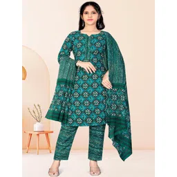 Aarya Designer Girls Floral Printed Regular Pure Cotton Kurta with Trousers & With Dupatta-picture-34