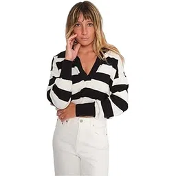 aaryainnl Women’s Black & White Striped V‑Neck Long Sleeve Cotton Blend Top | Casual Pullover T‑Shirt for Girls & Women-picture-25