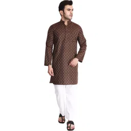 Aaryavar Geometric Woven Design Mandarin Collar Thread Work Cotton Straight Kurta-picture-40
