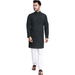 Aaryavar Striped Mandarin Collar Thread Work Straight Kurta-picture-27