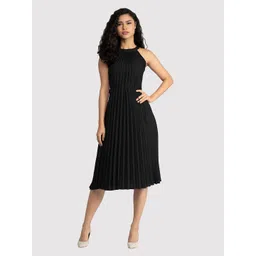 AASK Black Halter Neck Crepe A-Line Midi Dress-picture-30