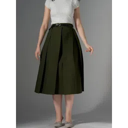 AASK Cotton Midi Flared Pleated Skirt With Belt Loop-picture-23