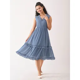 AASK Geometric Printed Sleeveless V-Neck Crepe Fit & Flare Midi Dress-picture-19