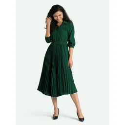 AASK Green Crepe Shirt Midi Dress With Waist Belt-picture-16