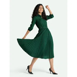 AASK Green Crepe Shirt Midi Dress With Waist Belt image 3