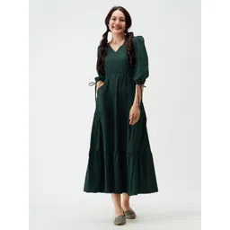 AASK Puff Sleeves Tie-Up Detail Tiered Maxi A-Line Dress-picture-42