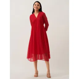 AASK Self Design V-Neck Gathered A-Line Midi Dress-picture-40
