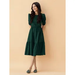 AASK Women Green Solid Crepe Fit and Flare Calf Length Dress-picture-15
