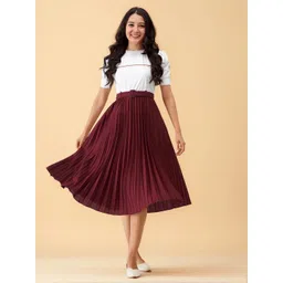AASK Women Maroon Solid Crepe Fit and Flare Calf Length Dress-picture-14
