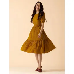 AASK Women Mustard Solid Crepe Fit and Flare Calf Length Dress-picture-19