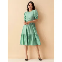 AASK Women Sea Green Solid Crepe Fit and Flare Calf Length Dress-picture-20