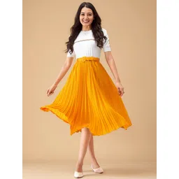 AASK Women Yellow Solid Crepe Fit and Flare Calf Length Dress-picture-17