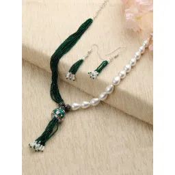 Aatmana Dark Green Beaded & Pearls Studded Silver-Plated Tassel Necklace Set-picture-31