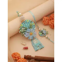 Aatmana Floral Work & Crystal Tasselled Bhaiya Bhabhi Rakhi with Roli & Chawal-picture-37