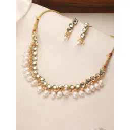 Aatmana Gold Minimal Circular Kundan Studded & Beaded Necklace & Earring Set-picture-31