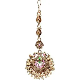 aatmana Gold-Plated Green & Pink Stone-Studded & Beaded Temple Maang Tikka - MTK-JS22-11017-picture-11