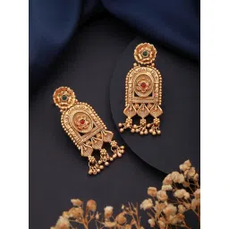 Aatmana Gold-Plated Green & Red Stone-Studded & Beaded Classic Dangler Earrings-picture-10