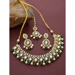 Aatmana Gold-Plated Green & White Kundan-Studded Beaded Handcrafted Necklace Set-picture-35
