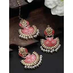 Aatmana Gold-Plated Kundan-Studded & Beaded Red Meenakari Maang Tikka with Earring Set-picture-14